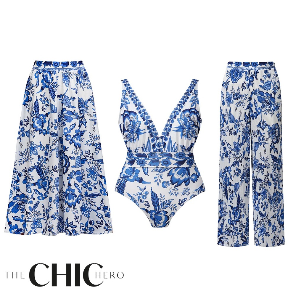 Plus Size Blue Floral 3-pc Swimsuit Set